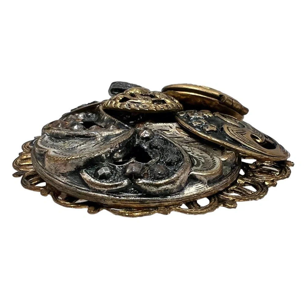VINTAGE 3D BROOCH WITH WORKING LOCKET, HEARTS, & BUTTONS - NO PIN
